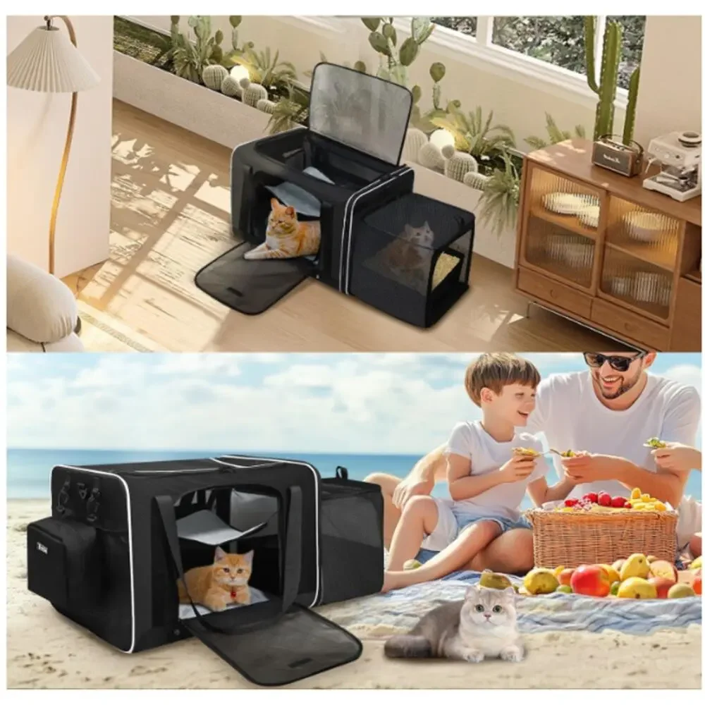 Petskd Store Side Expandable Extra Large Cat Carrier with Litter Box, Black